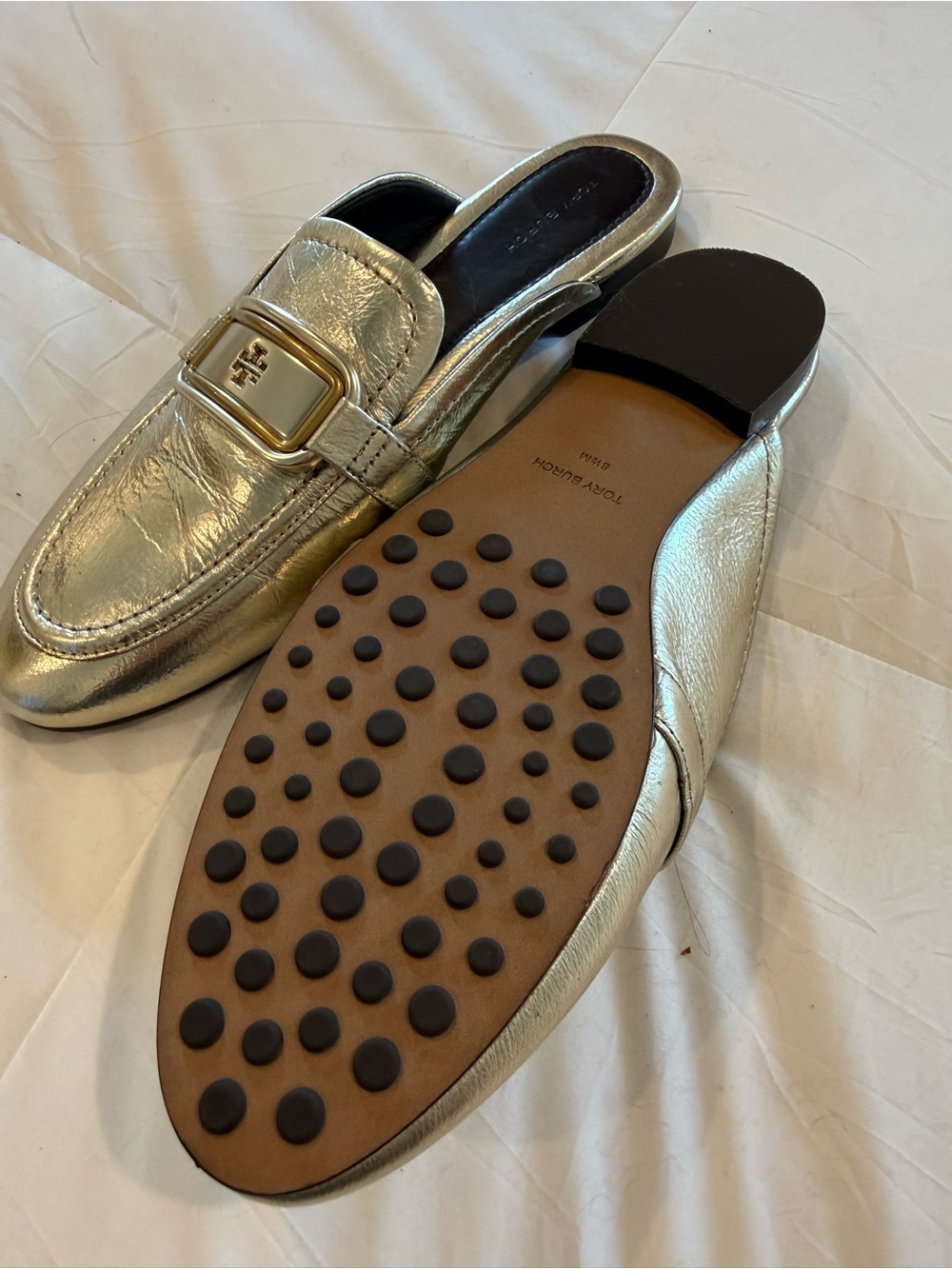 Tory Burch Metallic Gold Leather Backless Loafers